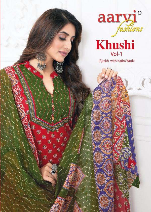 Aarvi Khushi Vol-1 – Ajrakh Style Kurti Pant With Dupatta